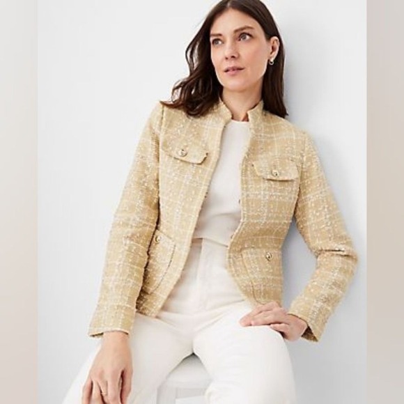 Ann Taylor Jackets & Blazers - Ann Taylor Stand Collar Tweed Beige Classic Preppy Jacket Blazer Size 14